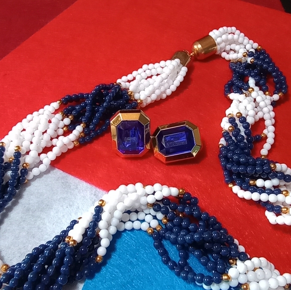 Navy & White Rope Bead Necklace Goldtone Accents AND Faux Gem Earrings - Picture 6 of 6